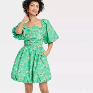 A New Day Floral Green Puff Sleeve Cut Out Bubble Dress